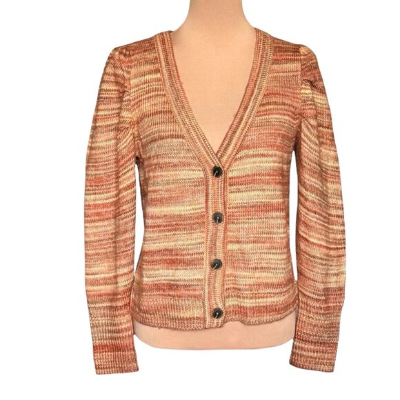 NIC+ZOE V-Neck Mohair Cardigan Sz.S Knit Brown Orange Striped Boho Academia - Picture 2 of 13